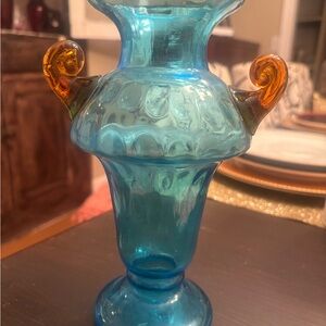 Fenton or Bohemian Blue Vase with Orange Handles